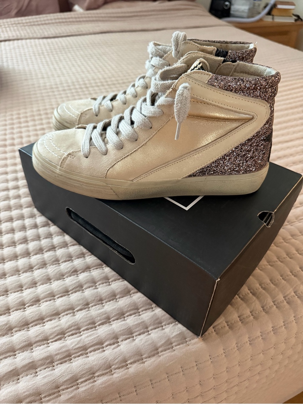 ShuShop Champagne Gold High-Top Sneakers with Pink Glitter Heel